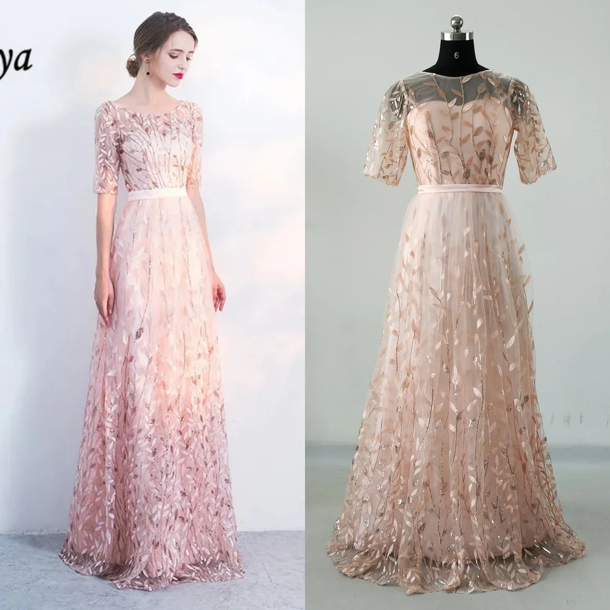 Evening Dress Pink Tulle Bling Embroidery O-neck Plus Size Floor-length Half Sleeve Women Party Formal Gown robe de soiree LF176