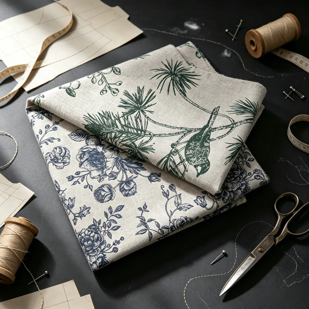 Floral Print Linen Look Poly Cotton Fabric, Decorative Upholstery Cloth for Sofa, Soft Pack & DIY Sewing