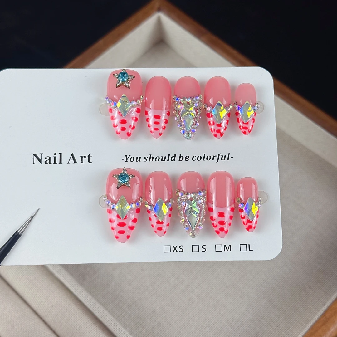 10pcs High-end Cute and sweet style, hand-painted zebra pattern, three-dimensional star-shaped diamonds handmade fake nails