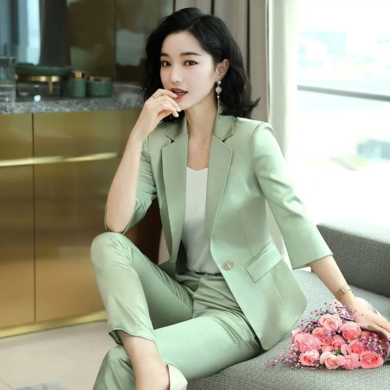 

insozkdg Acetate Satin Formal Professional Suit Summer Korean Style Slim Fit Suit Blazer Suit Pants Two Piece Set Women Outfits