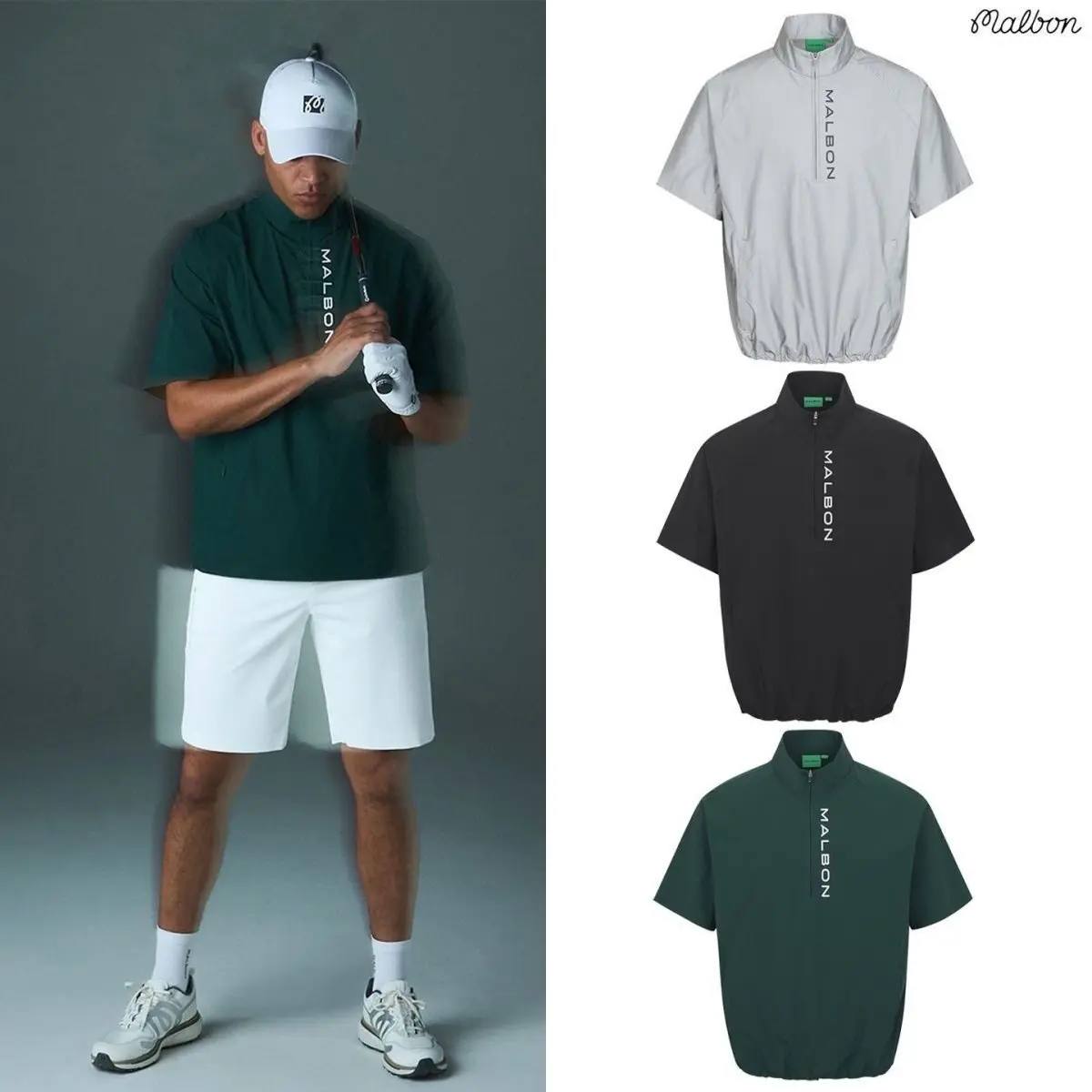 malbon Men's Golf Polo Shirt 2026 Korean Fashion Short Sleeve Half Zip Stand Collar Sports Top Casual Outdoor Golf Clothing