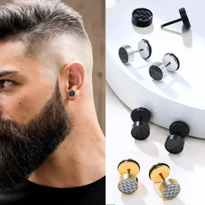 6/8/10/12MM Mens Carbon Fiber Stud Earrings Stainless Steel Screw Back Hipster Man Women Jewelry