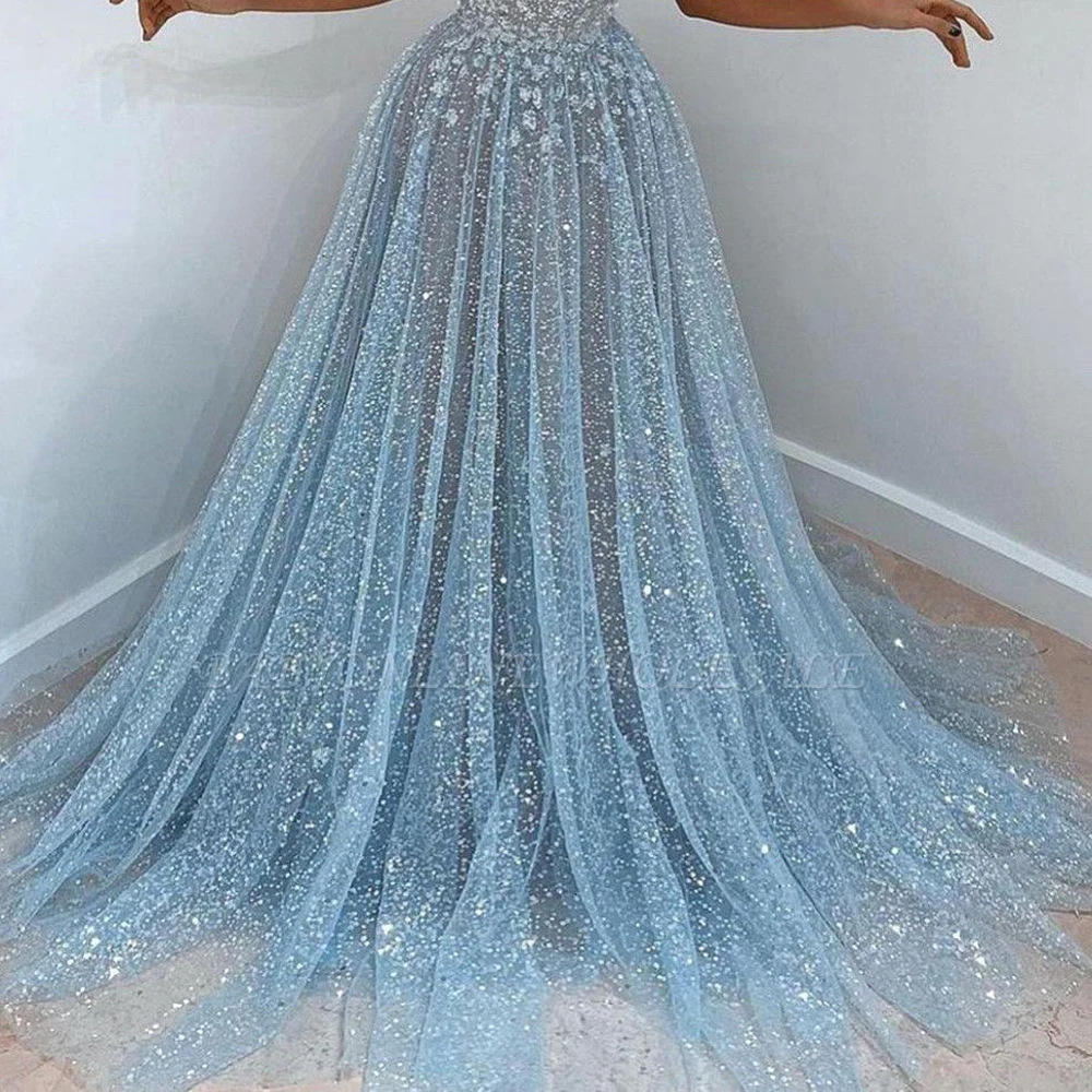 Women Sparkly Sequined Elegant Evening Dress A Line Strapless Formal Occasion Wedding Party Prom Gown For Bride Vestido De Noiva