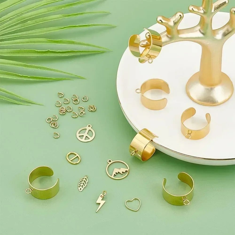 Charm Cuff Ring Making Kit Including Stainless Steel Open Ring Findings Heart Pendant Leaf Charms Lightning Peace Sign Charms