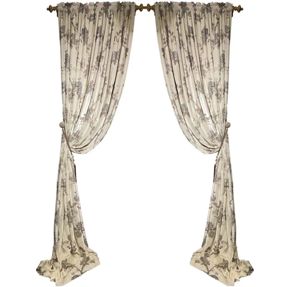 White Flowers Gilded Embroidery Velvet Thickened Blackout Curtains for Living Room Bedroom Villa French Window Customized