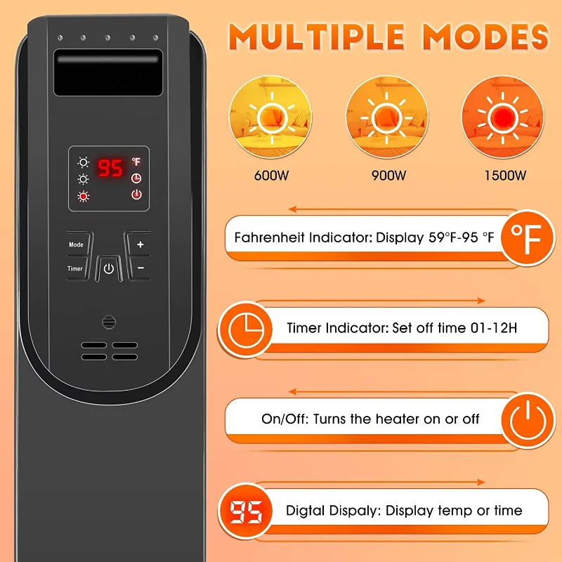 Electric Oil Heater, Upgrade 1500W Oil Filled Radiator Heaters  Digital Thermostat 12 Hrs Timer & Remote Overheat & Tip-Over