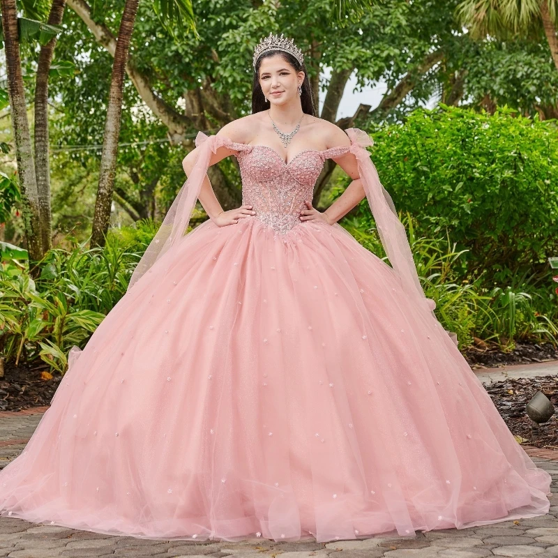 

Pink Shiny Quinceanera Dresses With Cape Ball Gown Sweetheart Beading Crystal Tulle Party Princess Sweet 16 Dress vestidos de 15