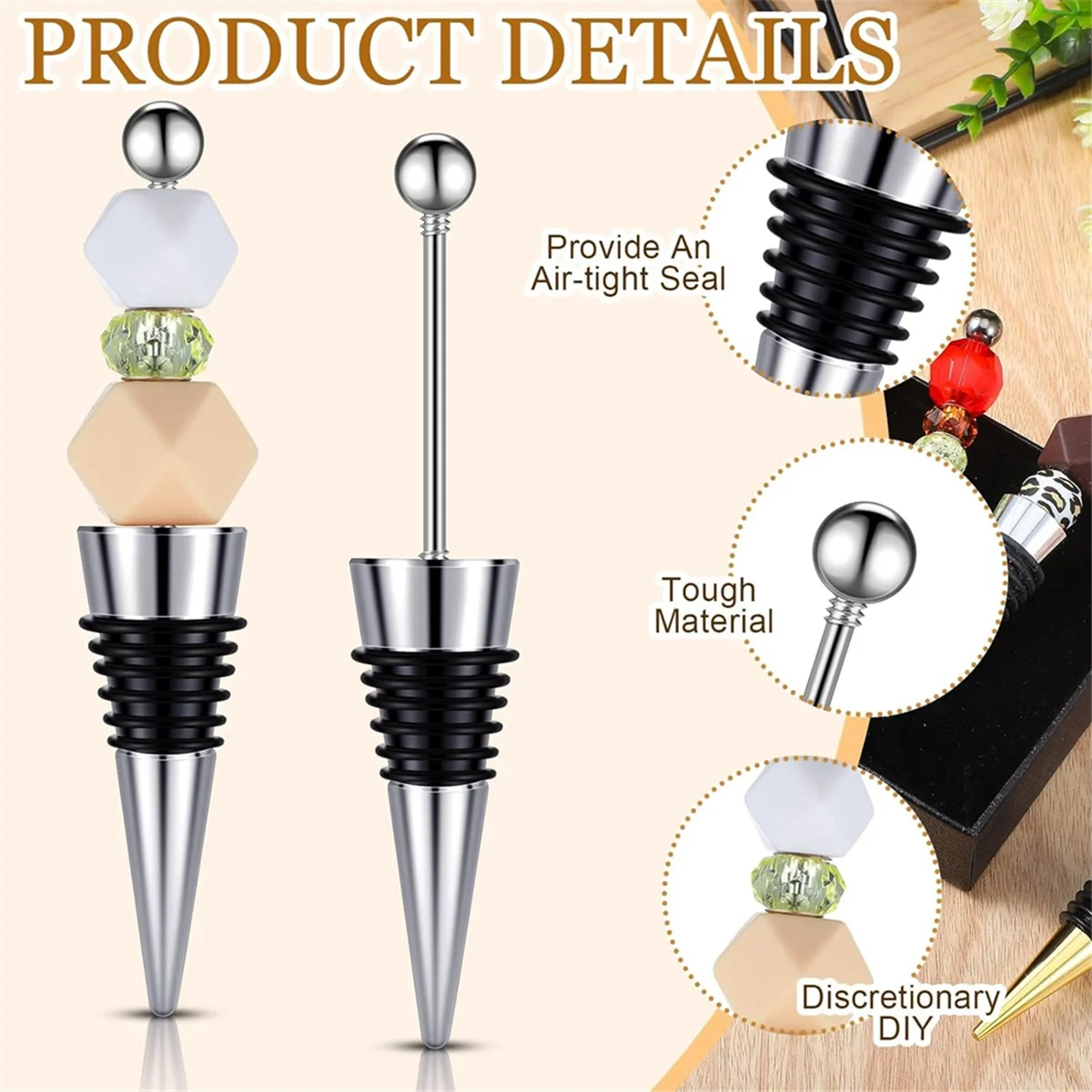 B08B-25Pcs Beadable Wine Stoppers for Wine Bottles Decorative Beaded Wine Bottle Stopper Alloy Wine Saver Reusable