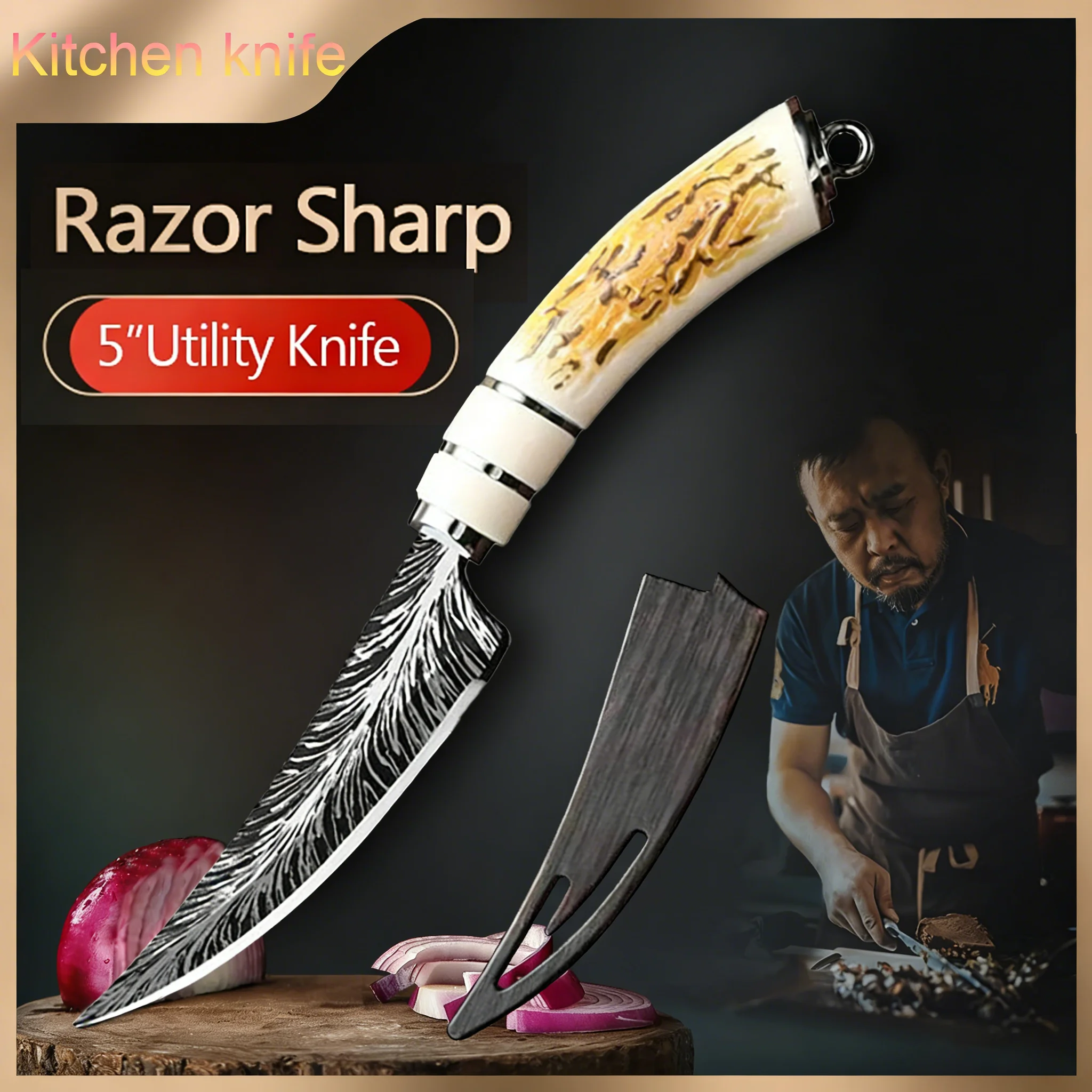Cuchillo de cocina multiusos, cuchillo para carne de acero inoxidable, cuchillo para cortar carne con hueso con funda, cuchillo para frutas, caja de regalo incluida