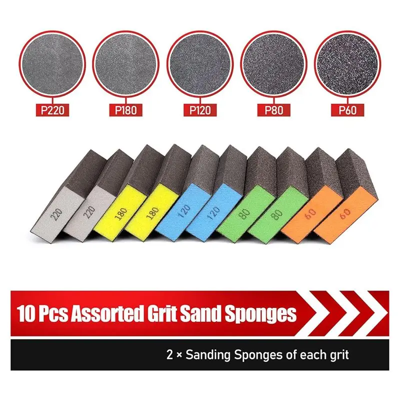 ABRN-10Pcs Sanding Sponge, Washable And Reusable Sanding Block 60/80/120/180/220 Grit Sand Paper Assortment