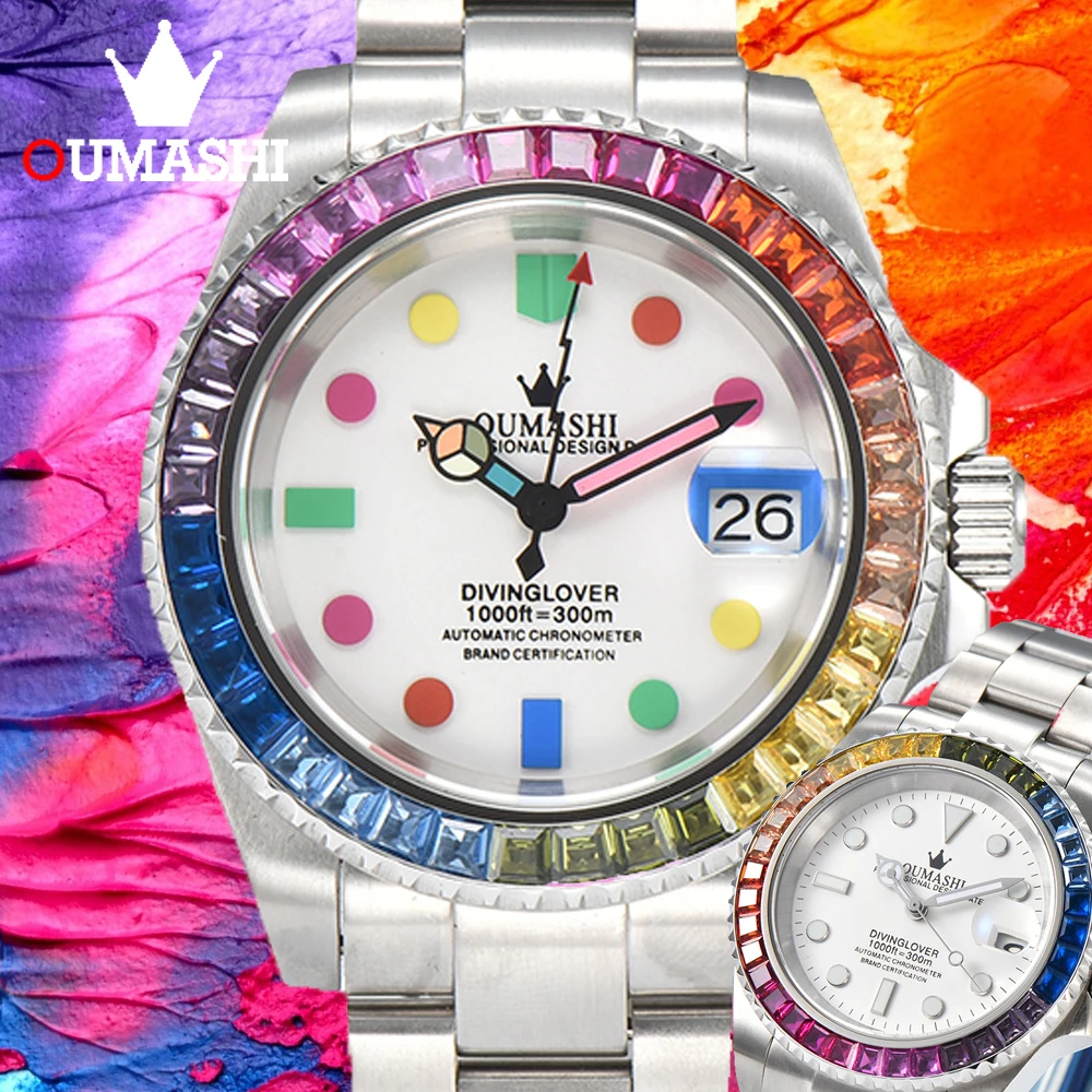 OUMASHI 40mm Rainbow Diamond Diving Automatic Mechanical Men's Watch NH35 Movement Waterproof with Sapphire Glass