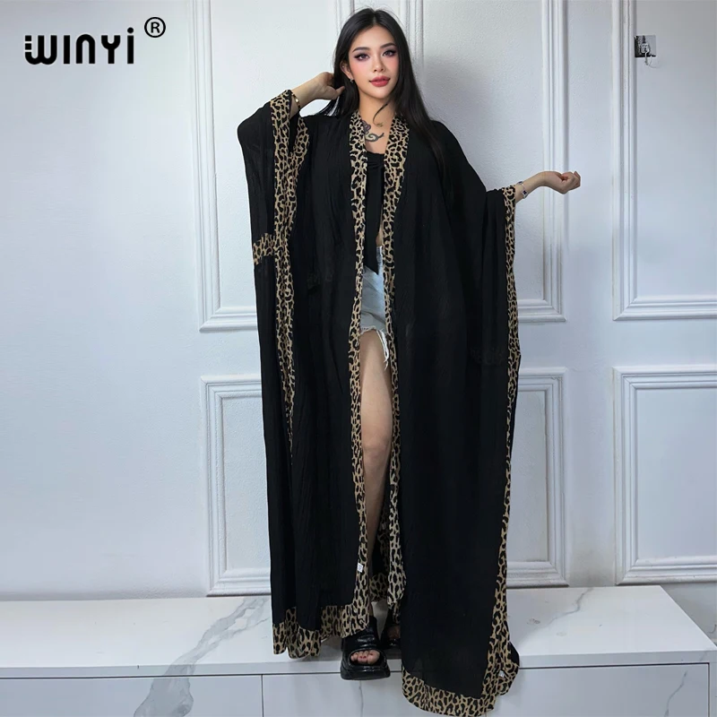 WINYI summer kimono Leopard print crumple cardigan Beach Wear Swim Suit Cover Up Holiday dress fashion coat abaya dubai luxury