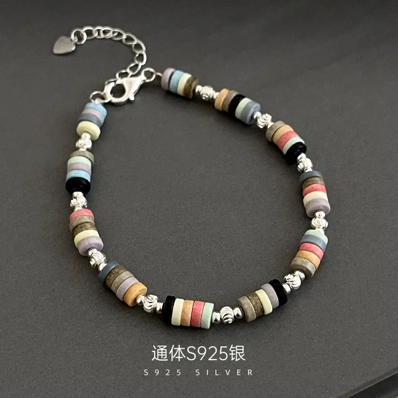 

New 925 Sterling Silver Colored Beaded Bracelet Female Flower Silver Bead Design Sense of Literary Retro Accessories Bracelet