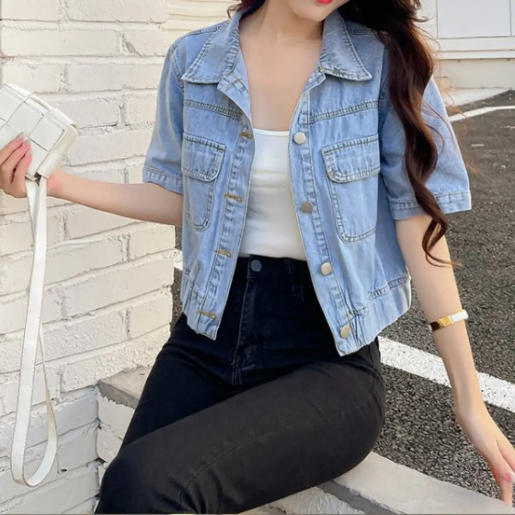 

Женский топ с короткими рукавами и двойным клапаном, карманом на пуговицах, джинсовая верхняя одежда, корейская мода, новинка лета с лацканами