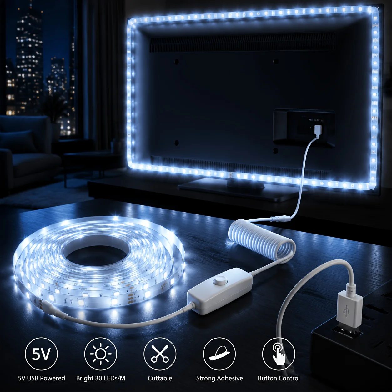 USB Flexible LED Strip Light With Button Switch Cuttable Self-Adhesive For Gaming Desk Game Room Setup Atmosphere Lighting Decor