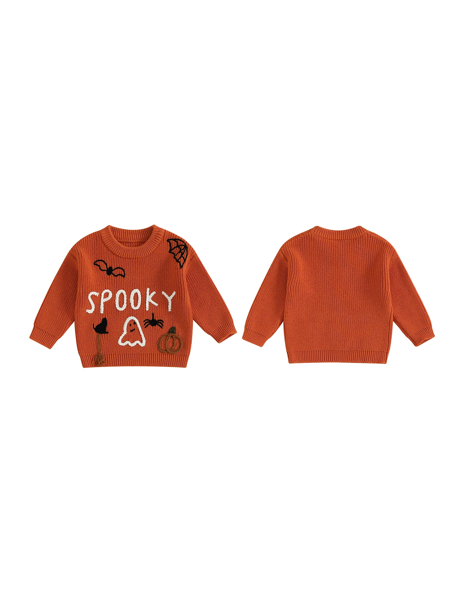 

Kids Halloween Pullover Sweaters with Cute Pumpkin Ghost and Spider Embroidery - Long Sleeve Round Neck Toddler Sweatshirts