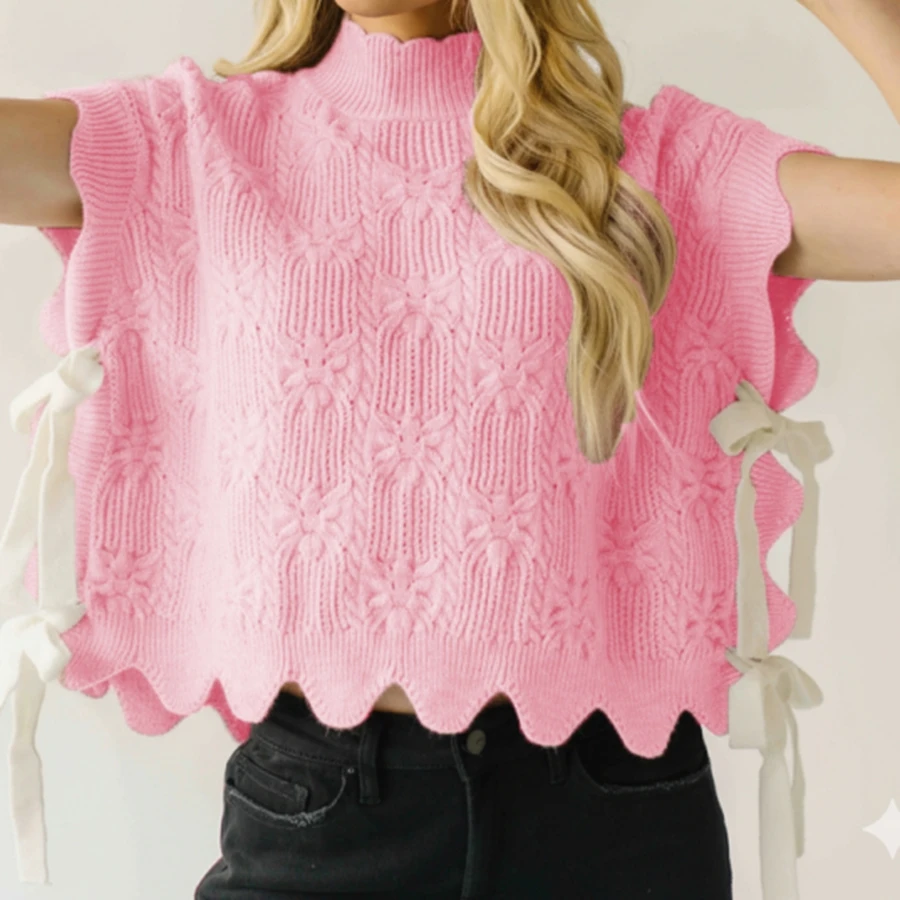 Damen-Strickweste mit kurzen Ärmeln und Spitze, ärmelloser Rollkragenpullover zum Binden, einfarbig, lockerer Herbstpullover für den Alltag