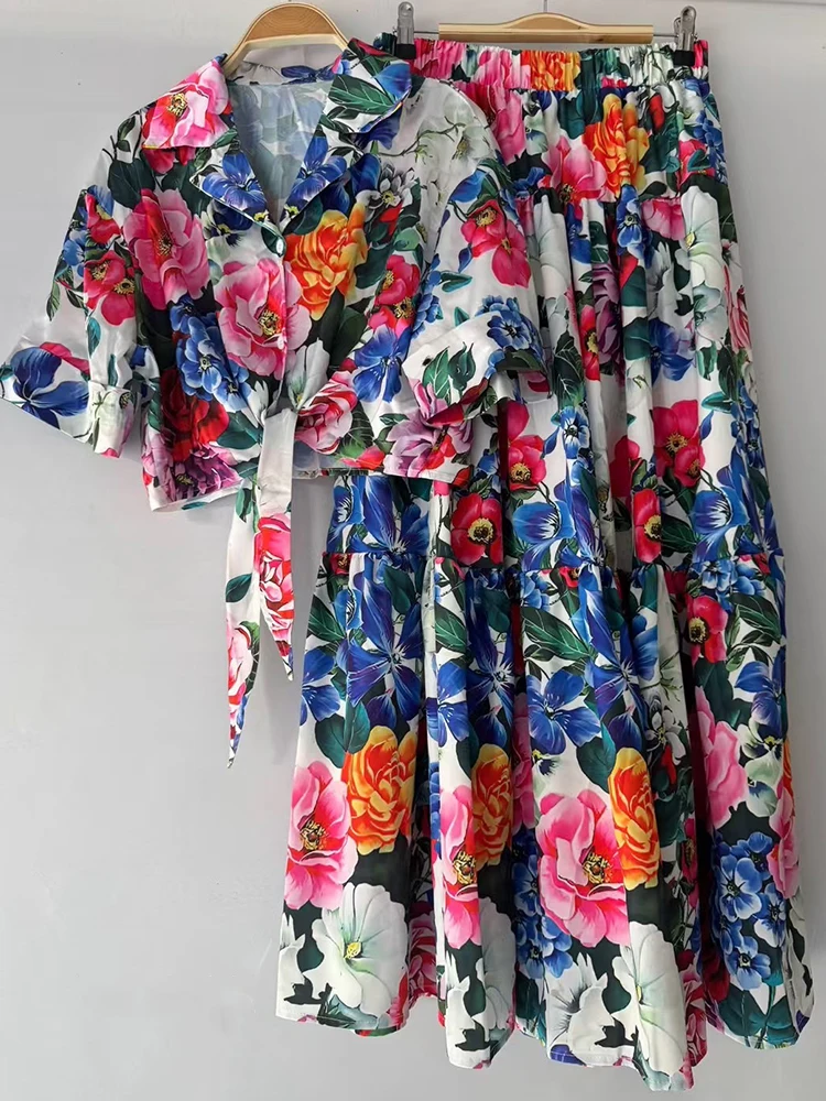 Retro Summer New Fashion Print Skirt Lapel Single-Breasted Short Shirt + High Waist A Skirt Elegant Two-Piece Women's Suit