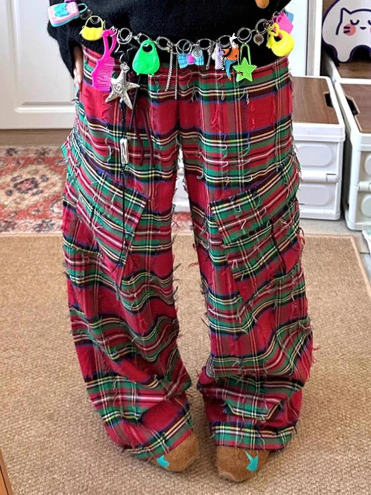 PBAP déchiré Plaid Cargo pantalon femmes bord brut bloc de couleur taille haute droite jambe large Baggy pantalon décontracté noël Vintage Streetwear