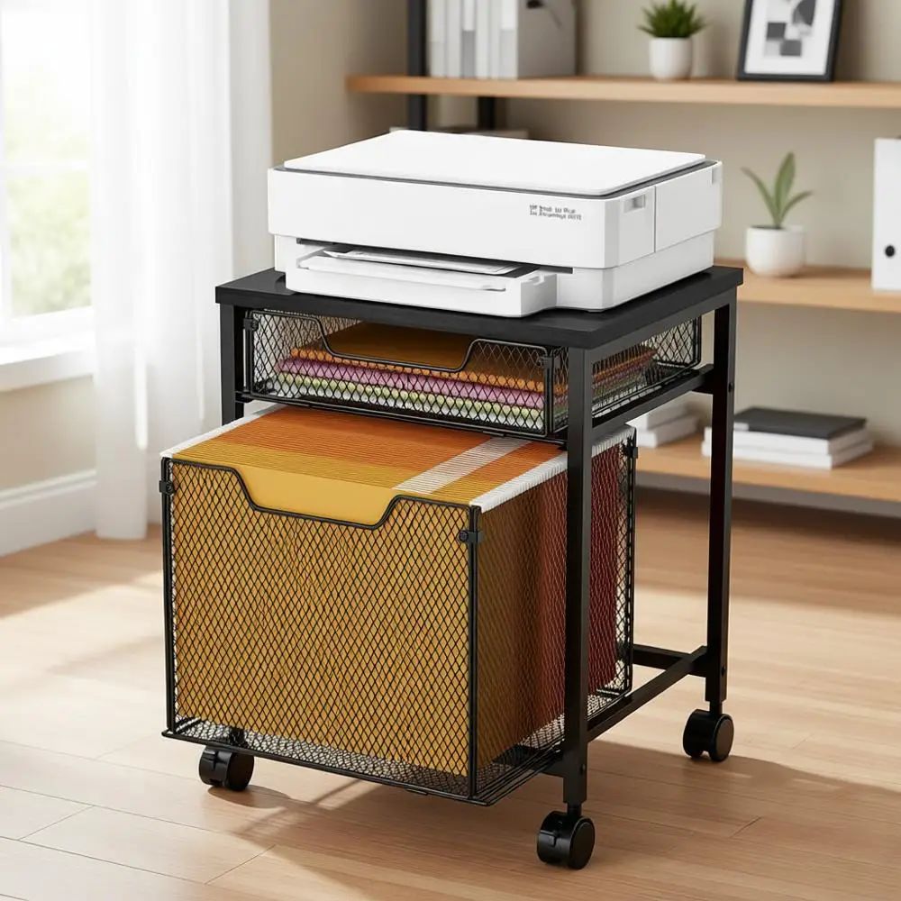 

Mobile Rolling Printer Stand with Lockable Wheels and Storage Cabinet for Office or Home Use