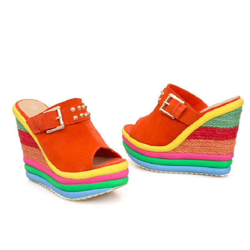 Summer Sexy Bohemia Casual Rainbow Peep Toe Platform Sandals for Women Wedges Sandalias Plataforma Shoes High Heel Tacones Mujer