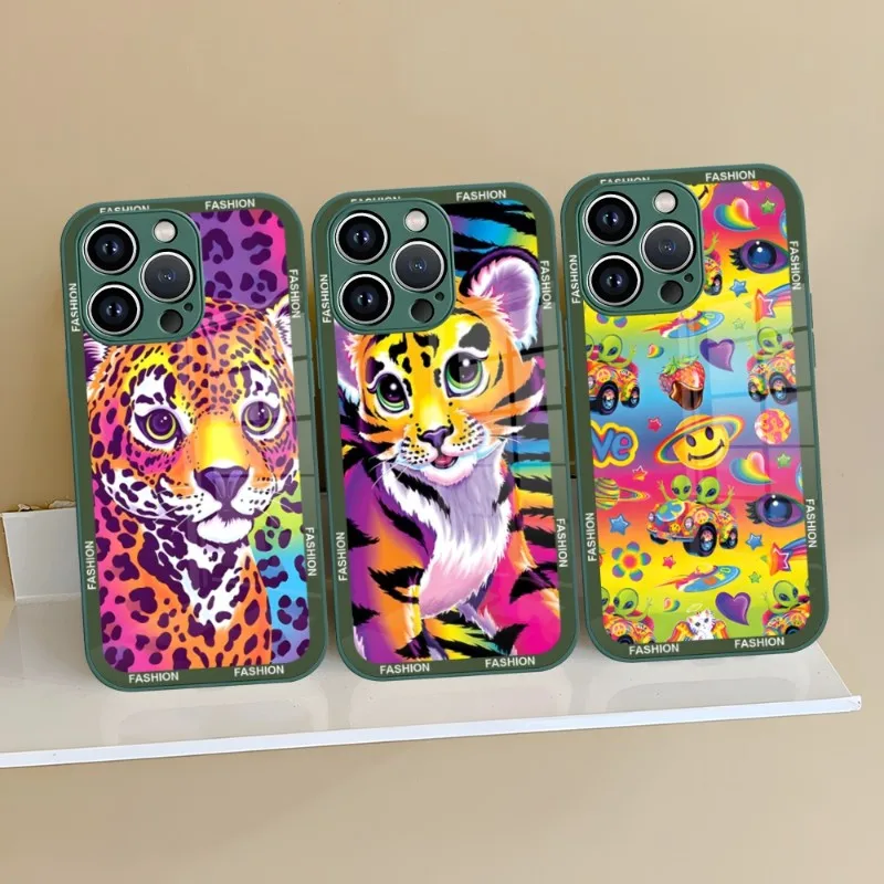 Lisa Frank Art Phone Case Purple Green Glass For IPhone 13 14 12 11 Pro Max Plus Mini X XR 8 7 6s SE2020 Cover