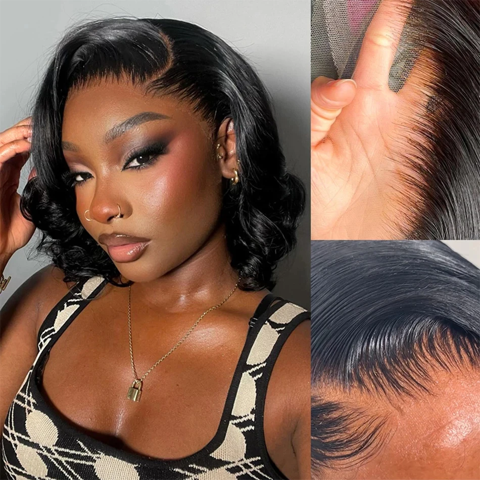 

Короткий парик-боб с волнистыми волосами, 13x6 HD Lace Frontal, из 100% натуральных человеческих волос, плотность 250%, 13x4 без клея, готовый к носке, с предварительно выщипанной линией роста волос