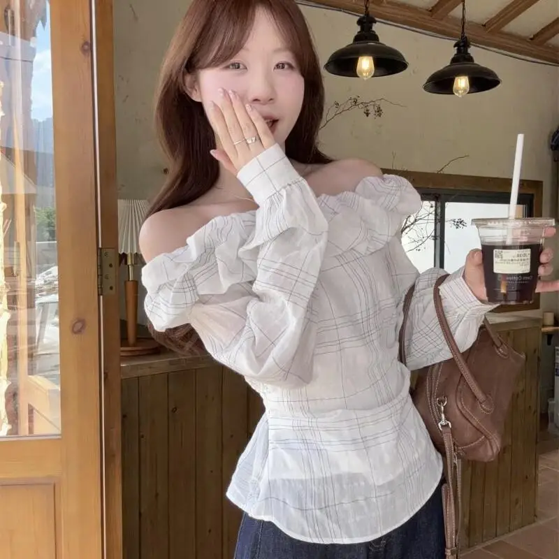 

Korean Style Fresh Plaid Shirt Cotton Blend Women Spring Summer Season Simple New with Lace Trim One Slim Fit Long Sleeve Top