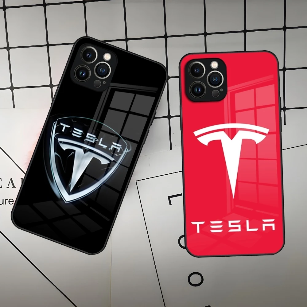 Tesla Auto Logo Handyhülle für iPhone 17 16 15 14 12 11 13 Air Pro Max Mini X Xr Xs Se Plus Glasabdeckung