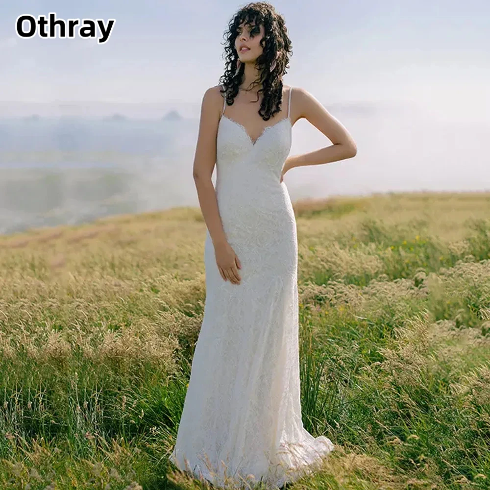 

Othray Spaghetti Straps Wedding Dresses Lace Applqiues Tulle Boho Sheath Bride Gowns Sleeveless Sweep Train Vestido De Noiva