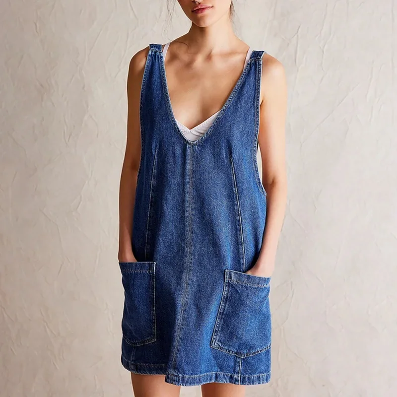 

Elegant Denim Dress With Adjustable Mini Dress With Carrier Pockets Spring/Summer Temperament For Commuter Women