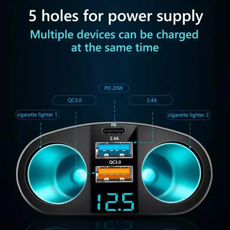 Car Accessories Lighter Socket Splitter 12V-24V Socket Splitter Power Adapter PD QC3.0 Fast Dual USB With Voltage Display