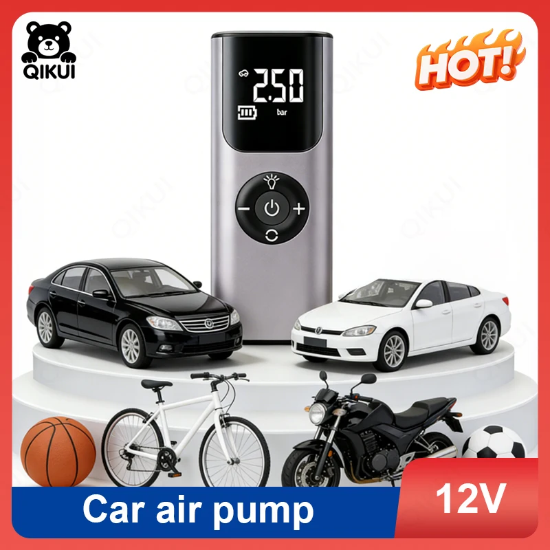 

Беспроводной портативный воздушный насос QIKUI Silver/Black 150PSI, 12В, 4000мАч для автомобиля, мотоцикла, велосипеда, мячей