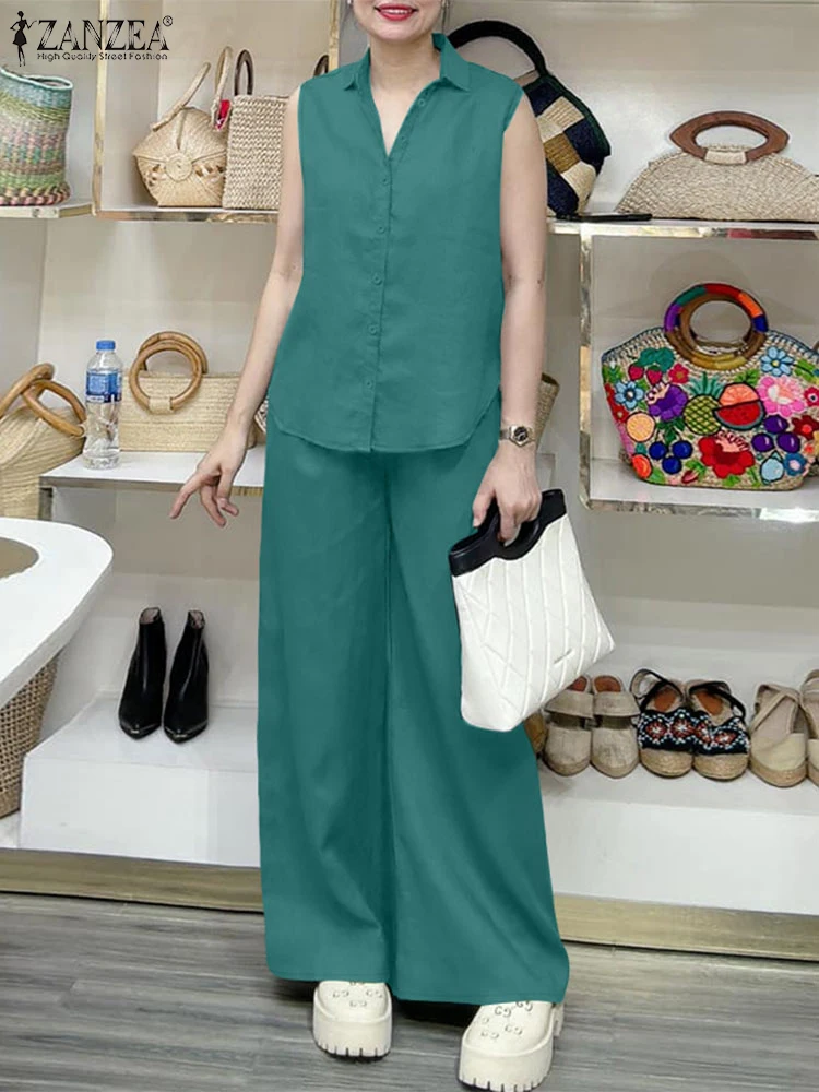 

ZANZEA Woman Solid Color Suits Sleeveless Shirts Office 2025 Summer Wide Leg Pants 2 Piece Pant Sets Commute Casual 2PCS Outfits