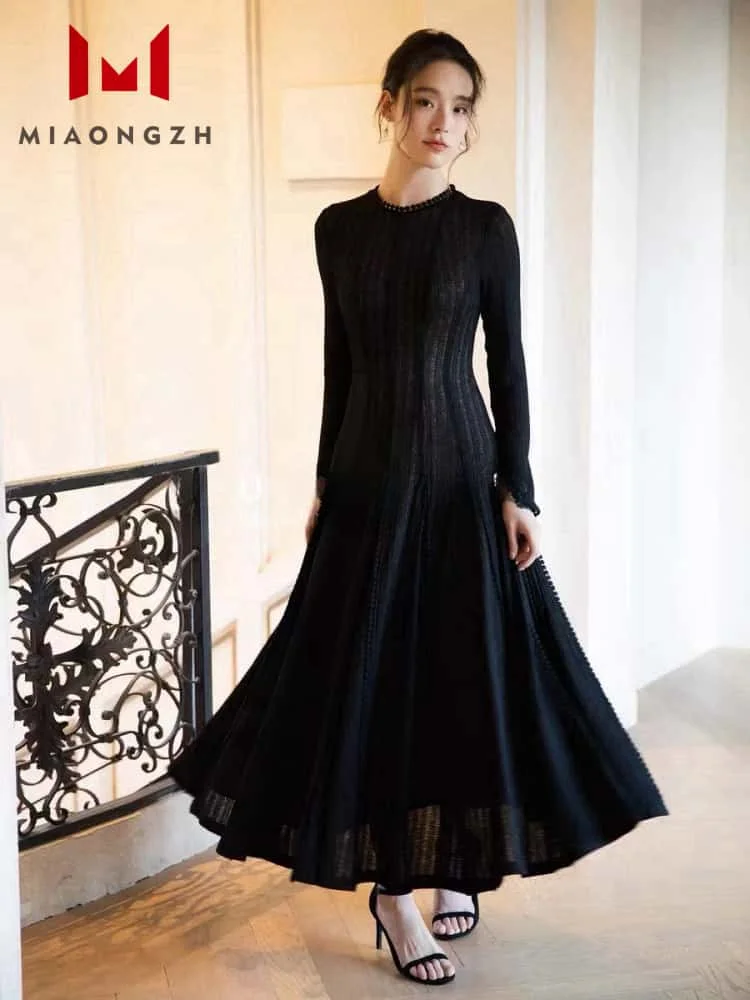 Fashion Women's Vintage Elegant Dress Lace Hollow Out O Neck Long Sleeve Temperament Party Female  Dresses Clothing 2025 New