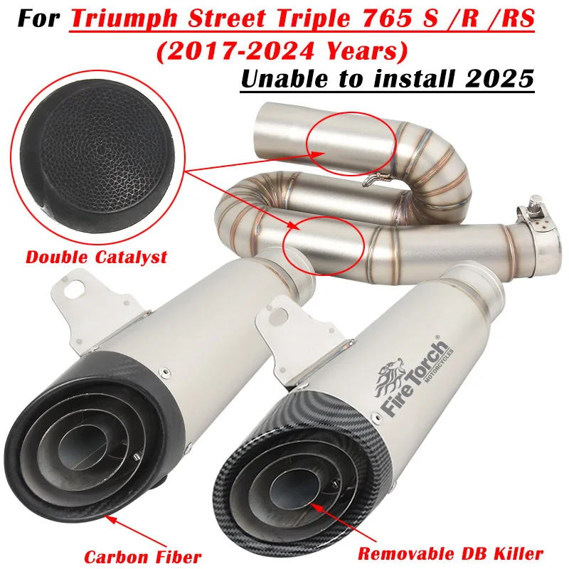 

For Triumph Street Triple 765 S R RS 2017 - 2022 Moto Exhaust Escape Modify Project Carbon Fiber Muffler Double Catalyst Pipe