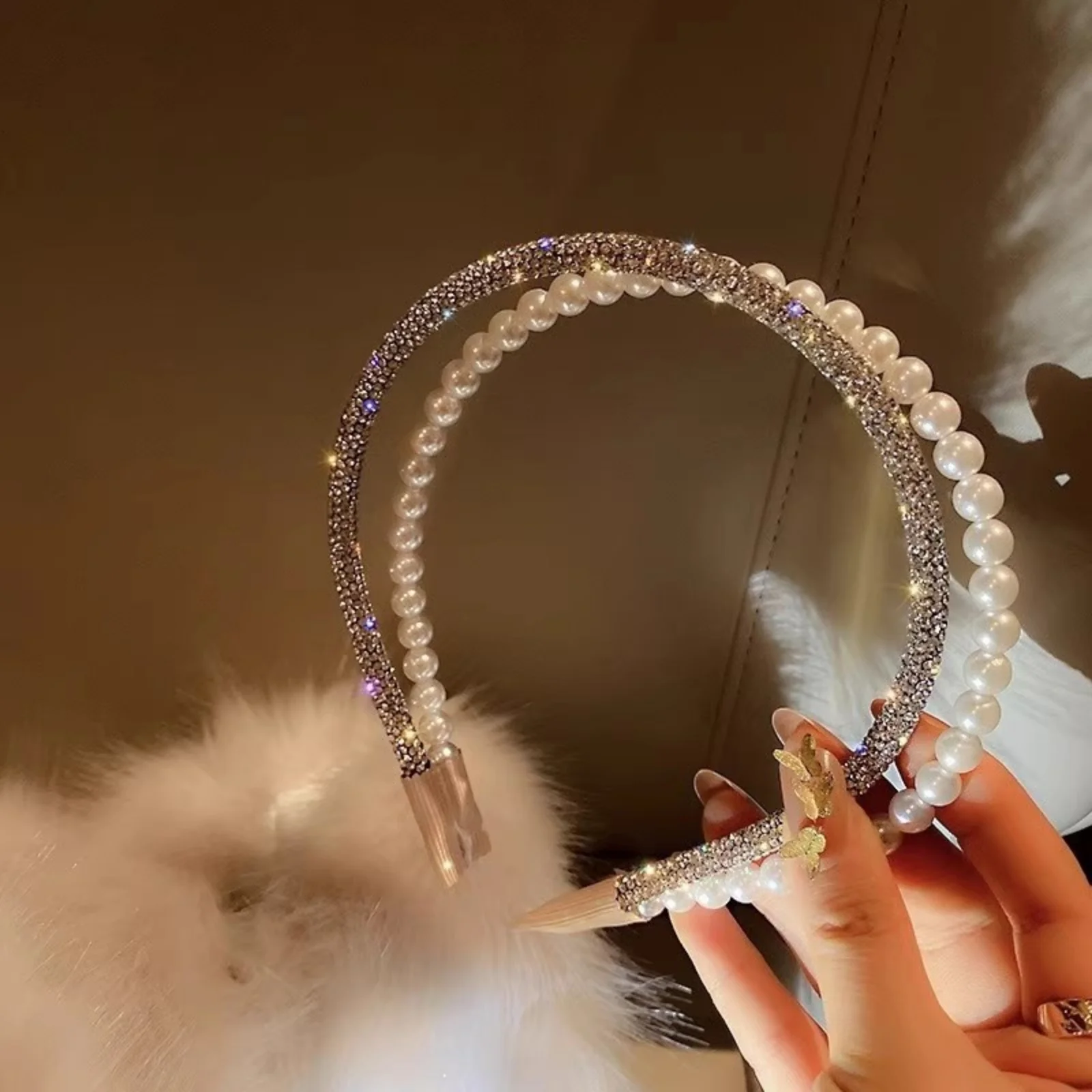 1PC Fashionable Double-Layer Imitation Pearl & Rhinestone Hair Hoop for Women - High-End Rhinestone-Inlaid, Versatile for Outing