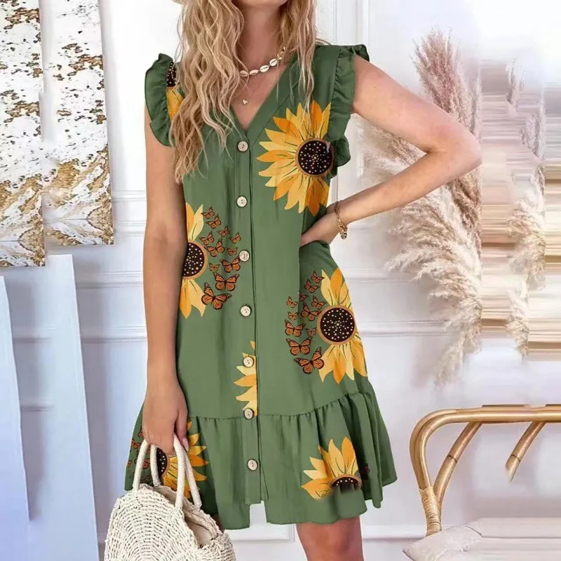 Boho Beach Holiday Vestidos Women Summer V-neck Flying Sleeve Dresses For Women 2023. Casual Loose Ruffles Print Shirt Dress