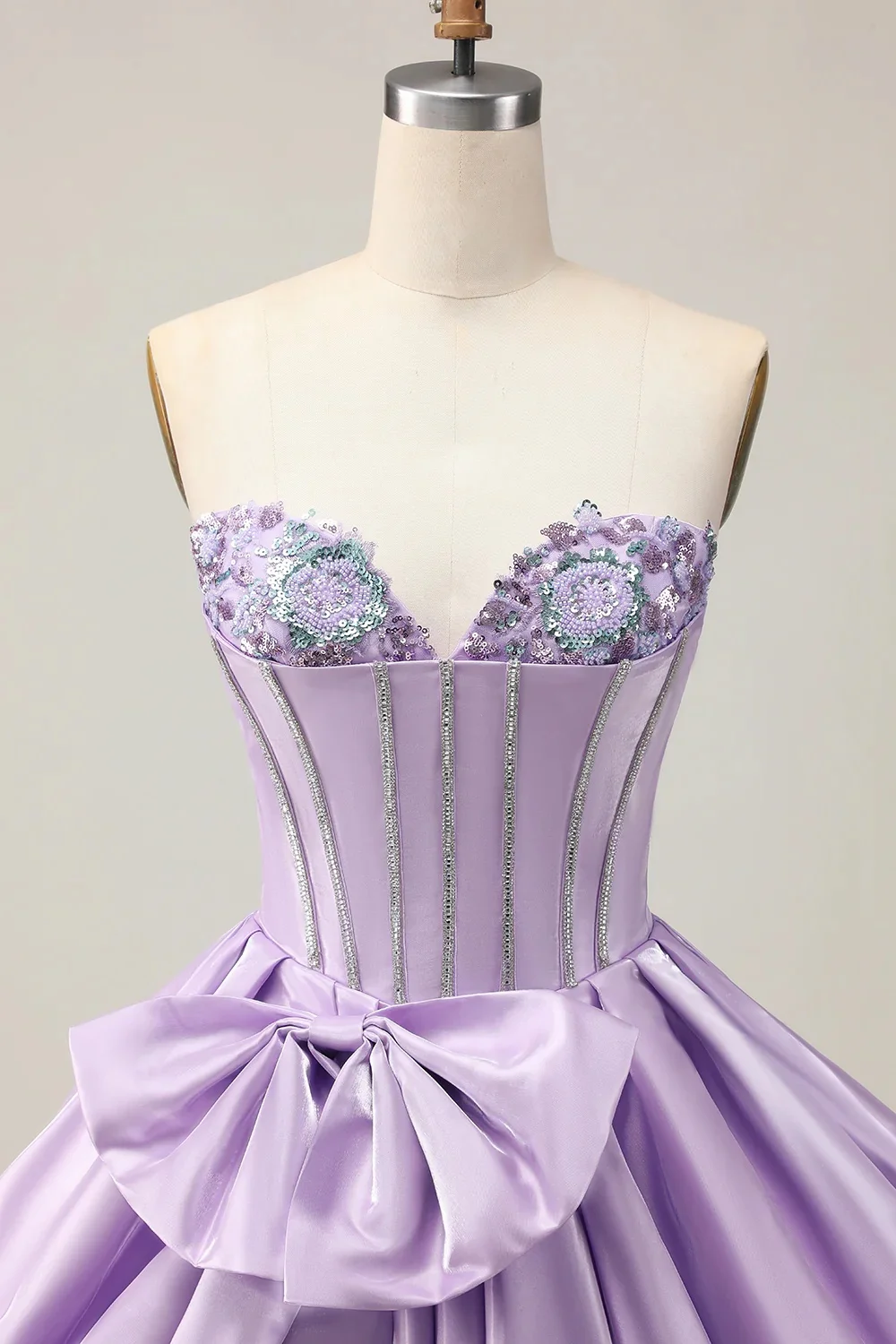Customized Lavender Strapless Corset Mini Dress 3D Floral Rhinestone Big Satin Bow Puffy Short Cocktail Homecoming Formal Gown - view 4