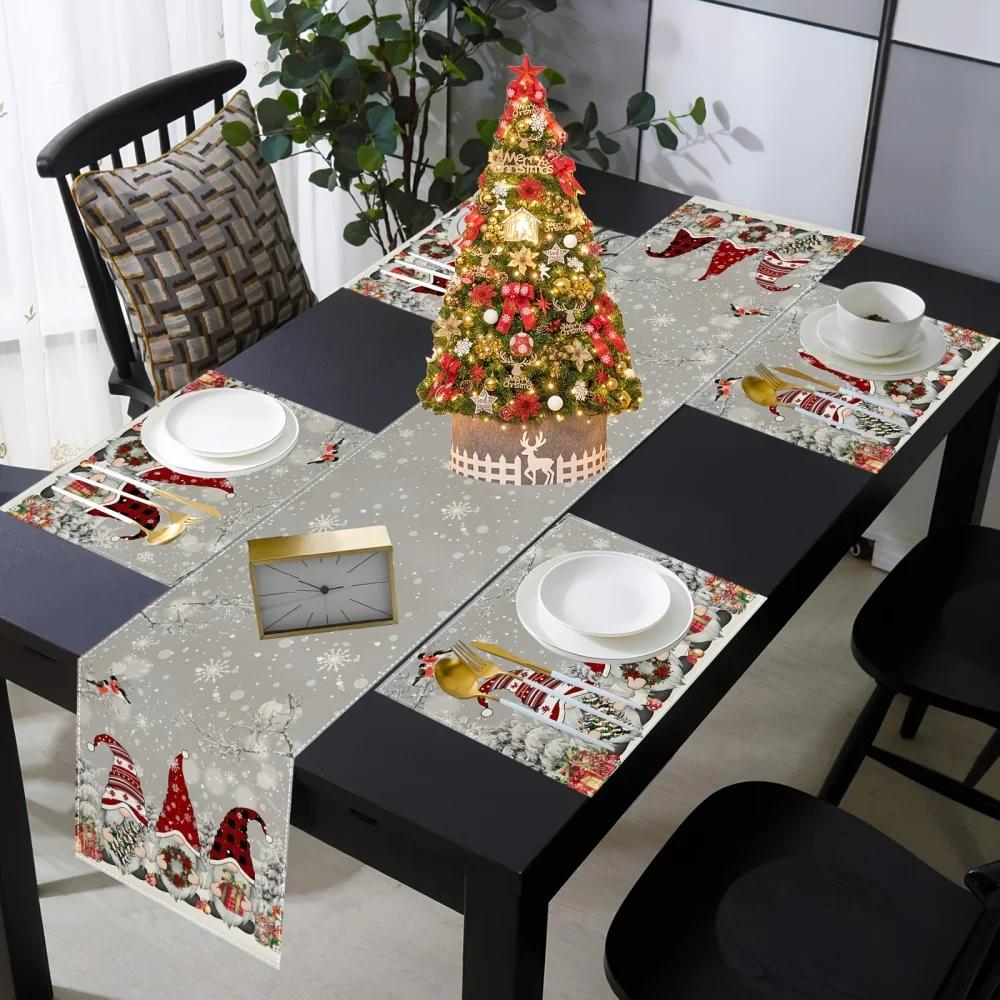 1 Stück Weihnachts-Tischdecken-Tischsets, Leinen-Tischläufer mit grauem Zwerg-Fantasie-Schneebaumzweig-Design