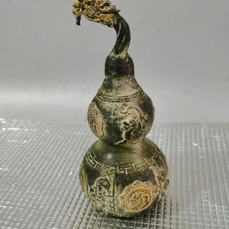 Antiqued Brass Bronze Gilded Dragon Head Fortune Gourd Office Home Desktop Entryway Decorative Ornament
