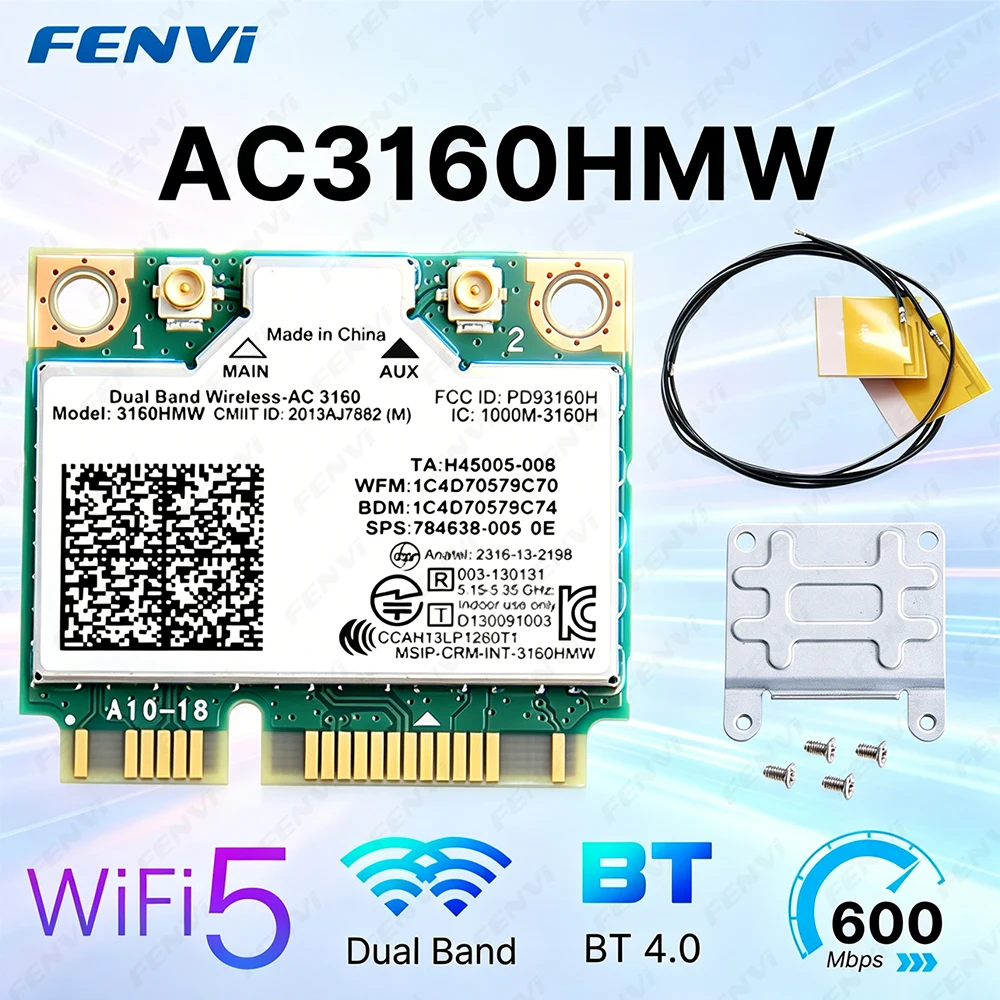 Fenvi WiFi 5 AC3160HMW Mini PCI-E Wireless Card Dual Band 2.4G/5Ghz Bluetooth 4.0 802.11AC 3160HMW WiFi Card For Windows 7/8/10