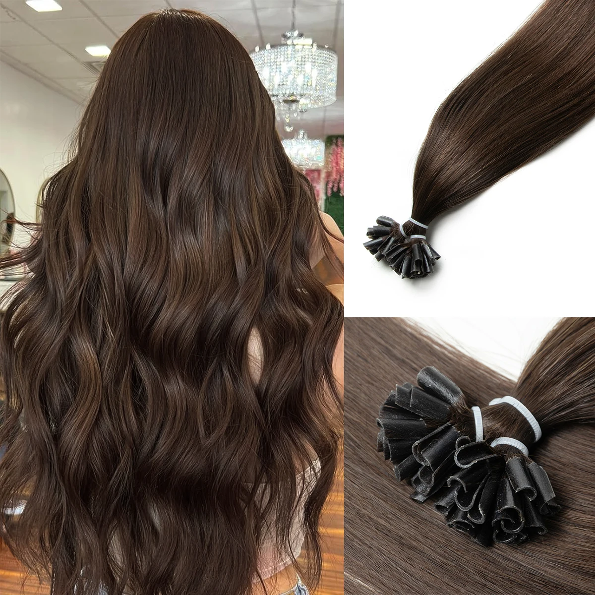 

U Tip Hair Extensions #02 Chocolate Brown Nail Tips Human Hair Italiana 1.5cm Long Keratin Hair Bondings 12-20 inch 50 Strands