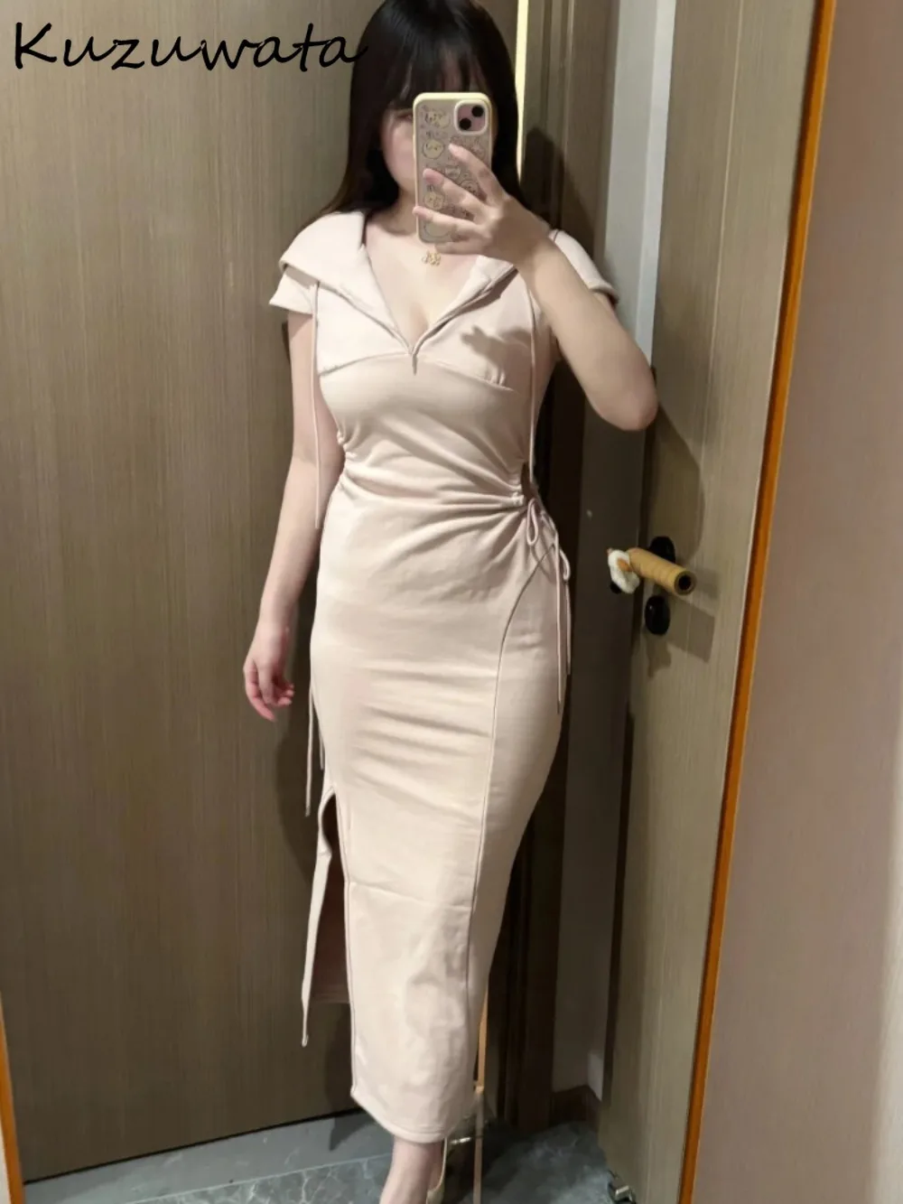 

Kuzuwata Advanced Luxury Mid-length Casual Robe Pullover Hoody New Moda Vestidos Japan Slim Vent Lace Up Drawstring Solid Dress
