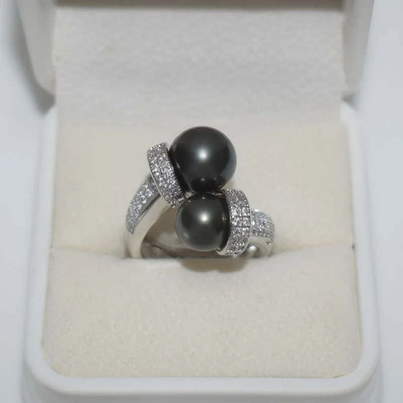 Original Design Round Shape Black Freshwater Pearl 925 Silver Micro Zircon Resizable Rings for Women Vintage Fine Jewelry Gift