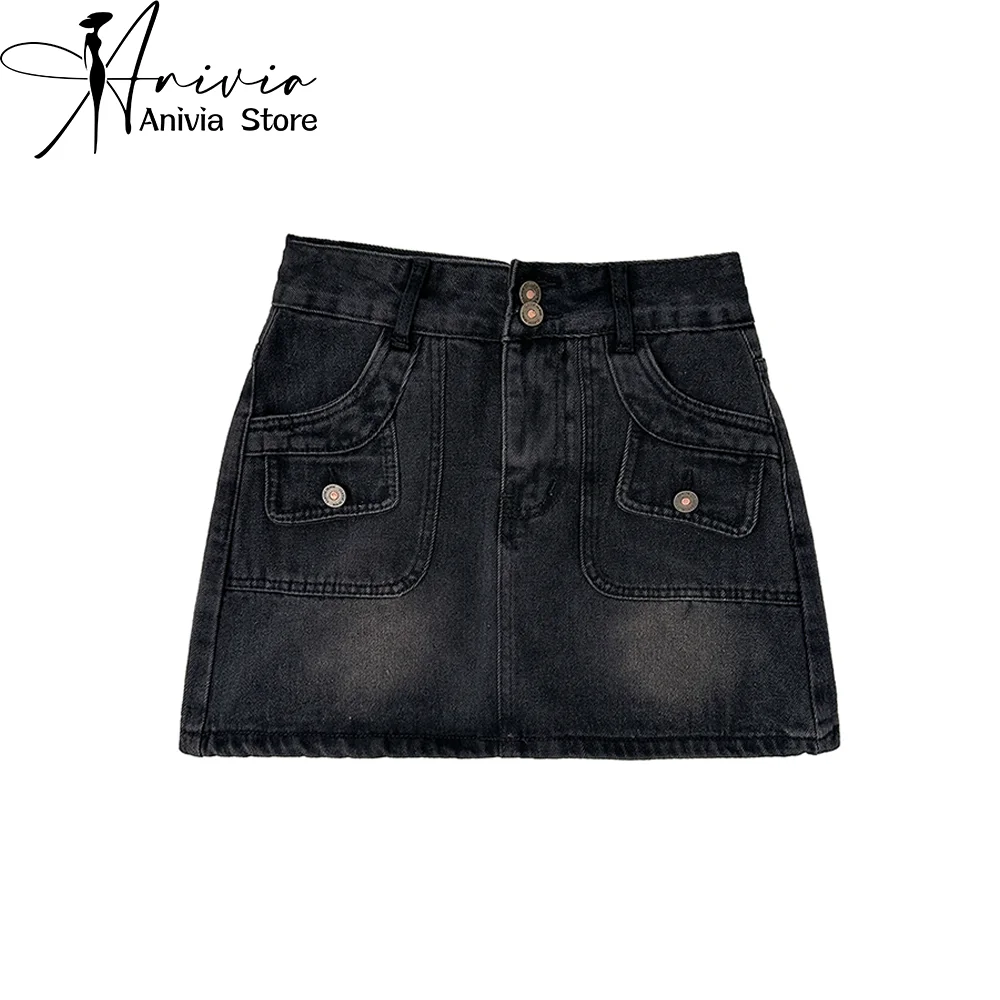 

Women's Spring/Summer High Street Denim Short Skirt Spliced with Black Blue Y2K Casual American Retro Mini Shorts Short Skirt