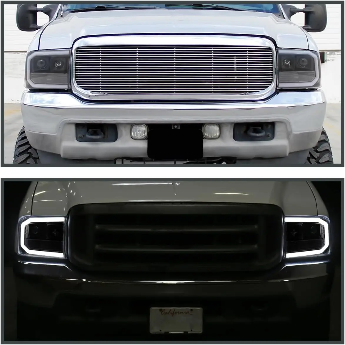 LED Tube Projector Headlights Assembly - Left + Right Pair Compatible with 1999-2004 Ford F-250, F-350, F-450 Super Duty