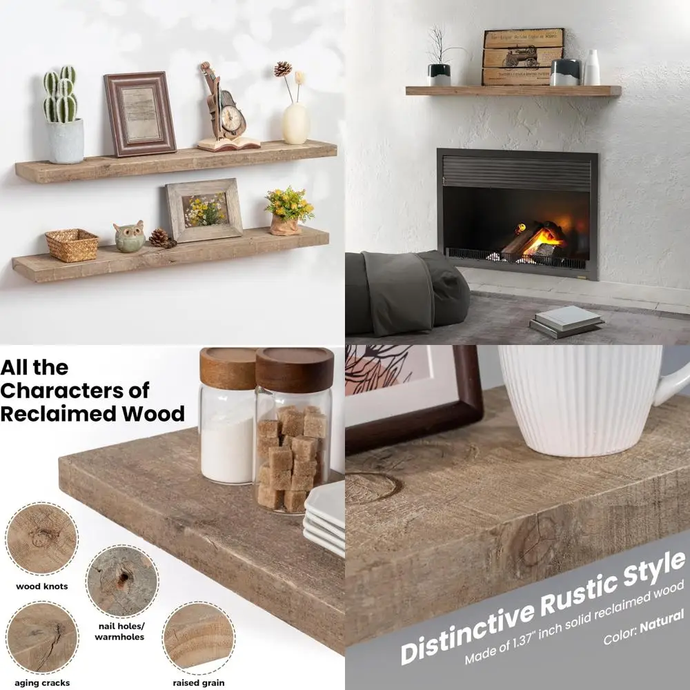 

Rustic Reclaimed Barnwood Floating Shelves - Set of 8 Wall-Mounted with Hidden Heavy-Duty Brackets