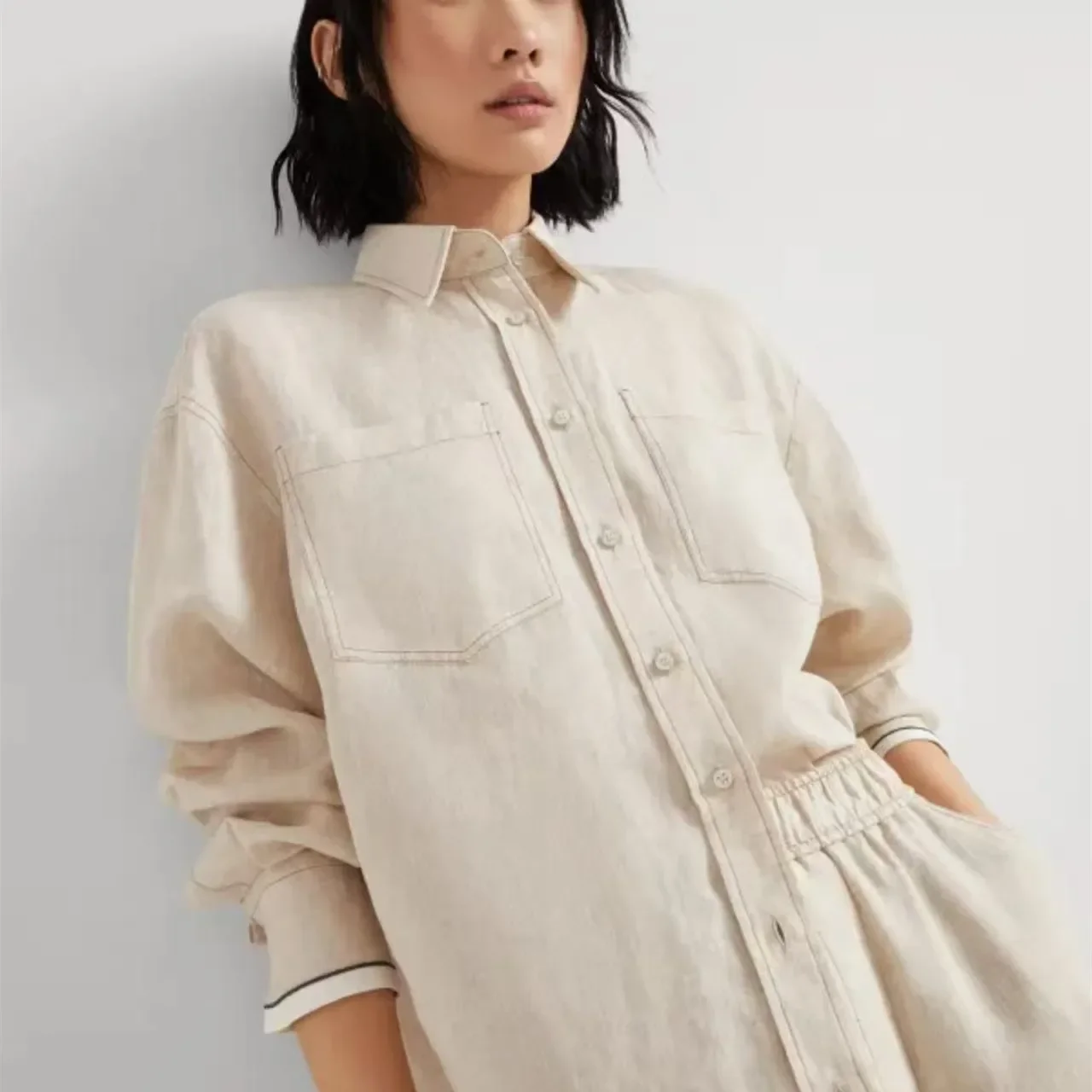 

Women Single Breasted Cuff Bead Decoration Loose Linen Shirt Top+ Elastic Waist Long Linen Pants Set