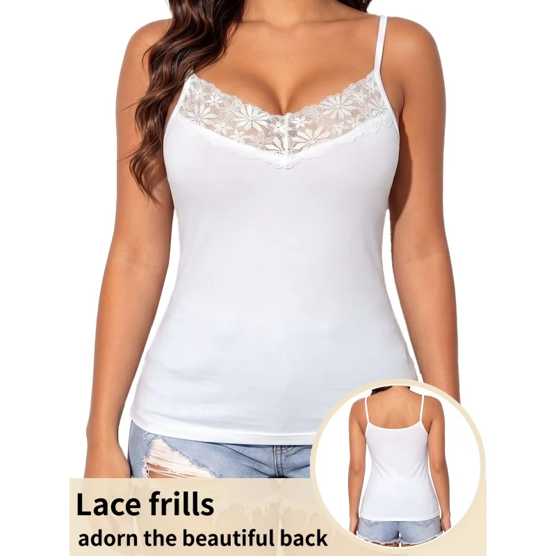 

Women's Lace Spaghetti-Strap Camisole Top - Breathable Sleeveless Fitted Yoga Blouse Suitable Layering